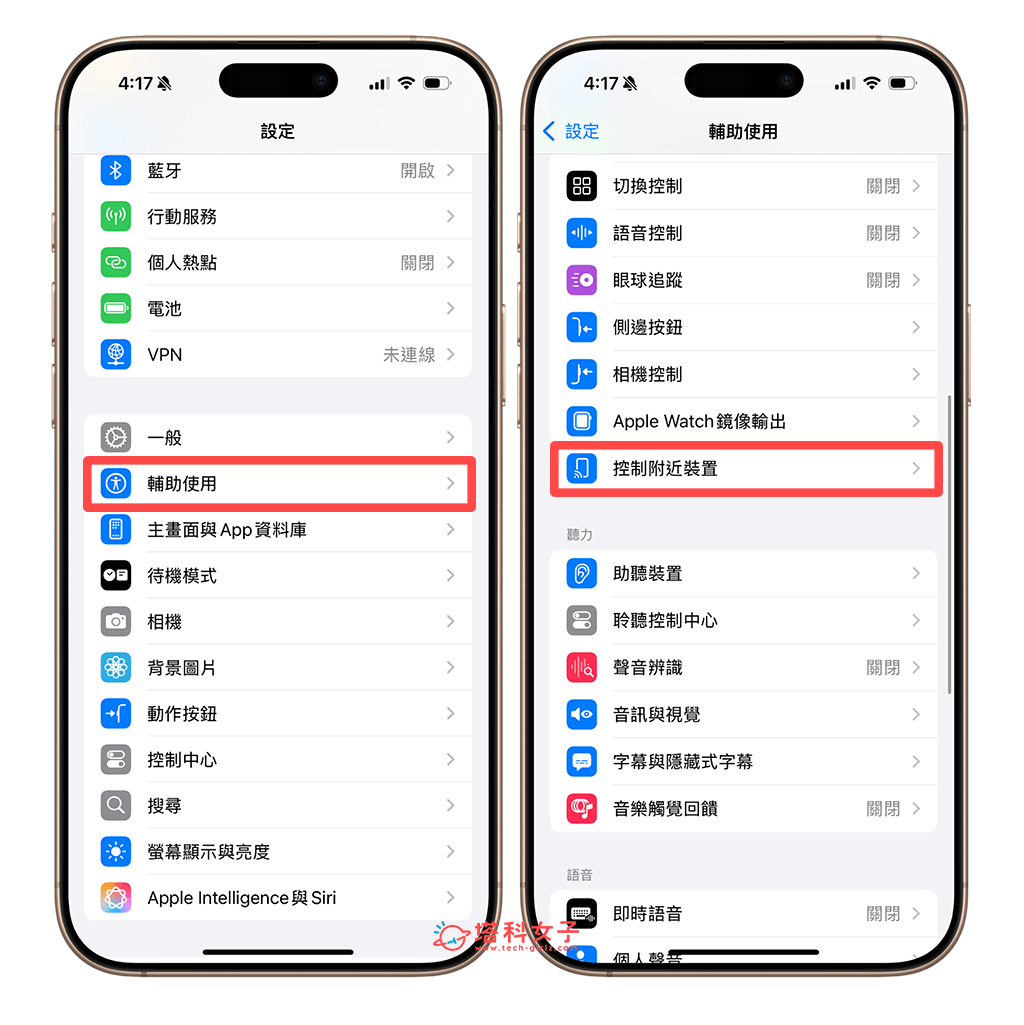 iPhone 控制 iPad：设置 > 辅助使用 > 控制附近装置