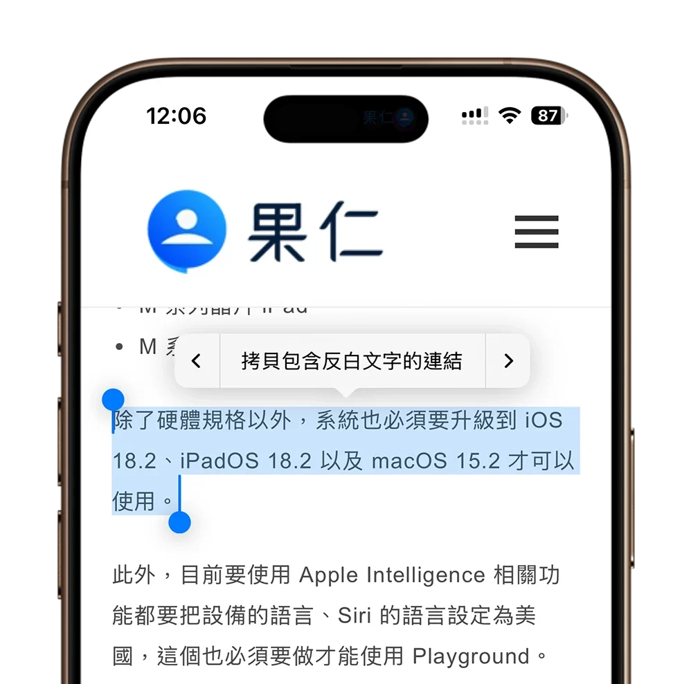 iOS 18.4 iPhone 拷贝包含反白文字的链接