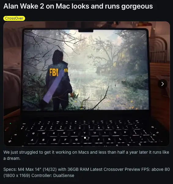 MacBook Pro 运行《心灵杀手2》,用 CrossOver 玩 PC Game 稳帧 80