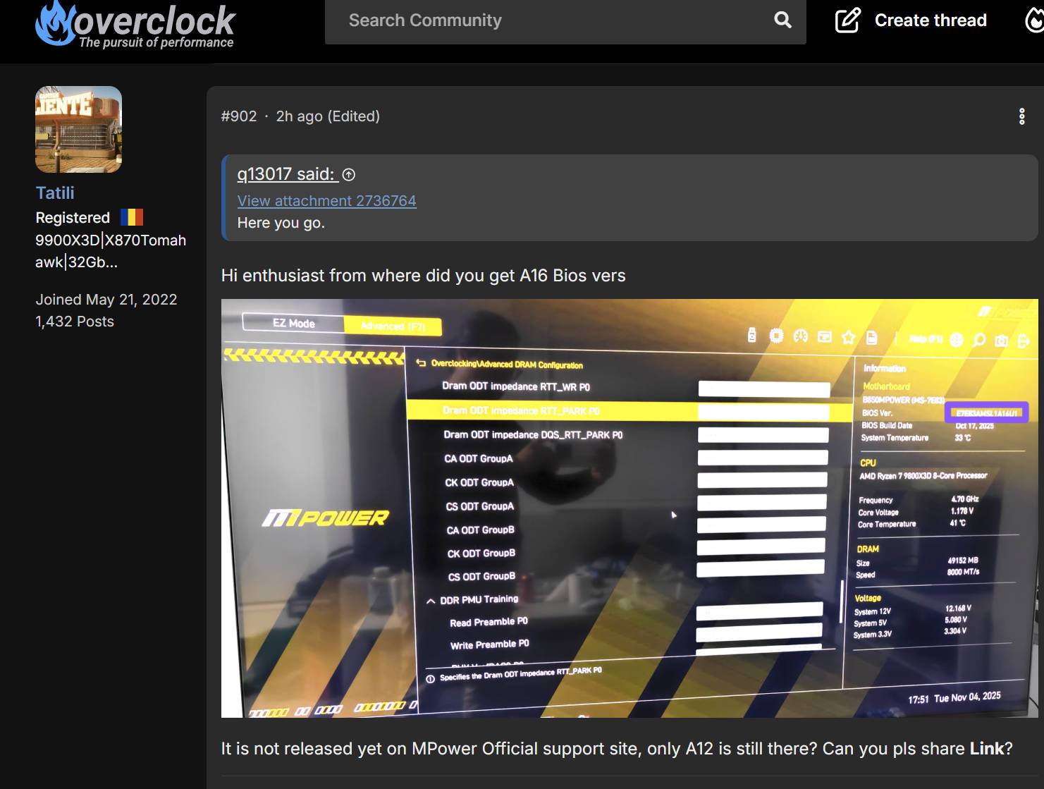 MSI B850MPOWER 正式支持 ODT GROUP B,其他主板陆续跟上!
