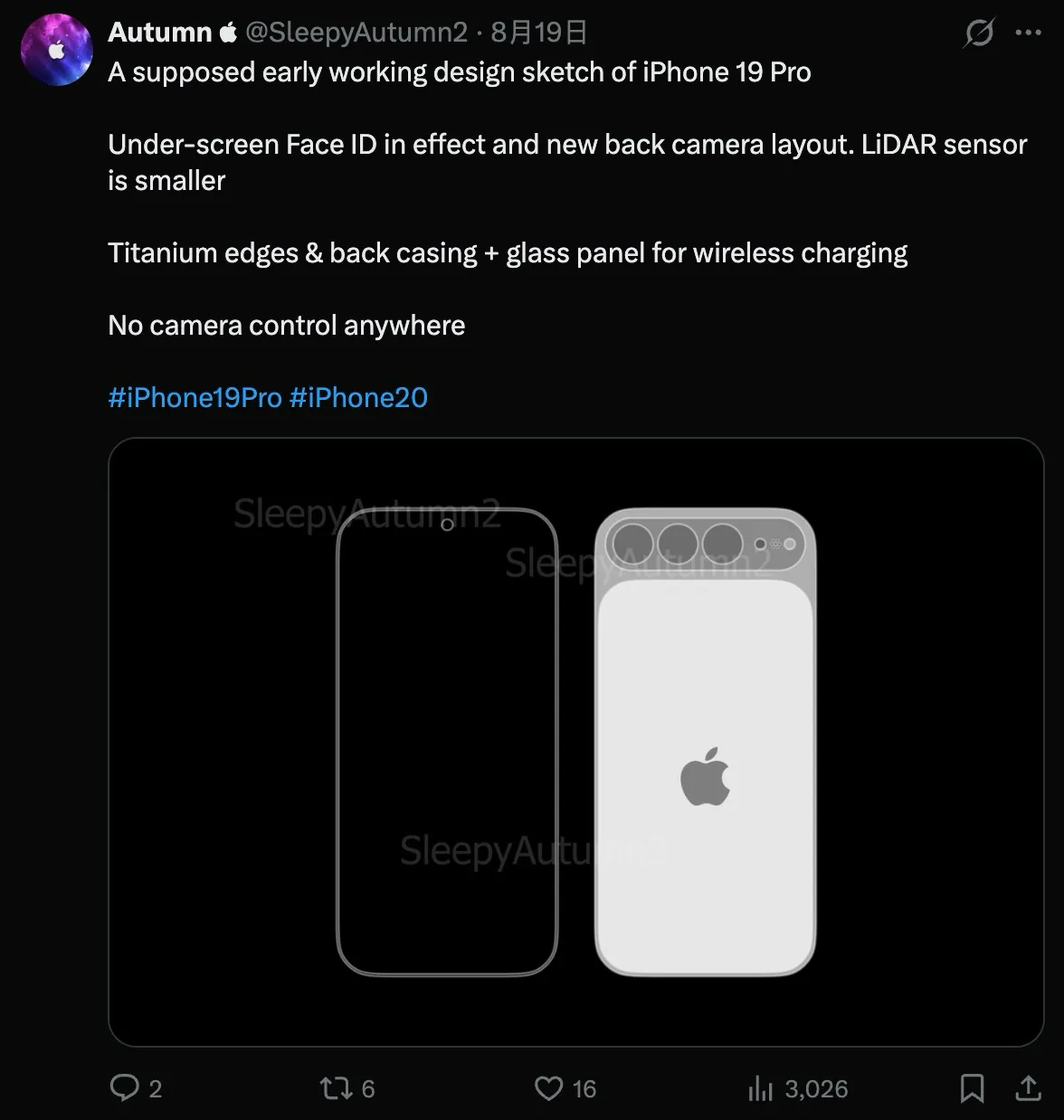 iPhone 20周年纪念机渲染图曝光！屏下Face ID＋横向三镜头